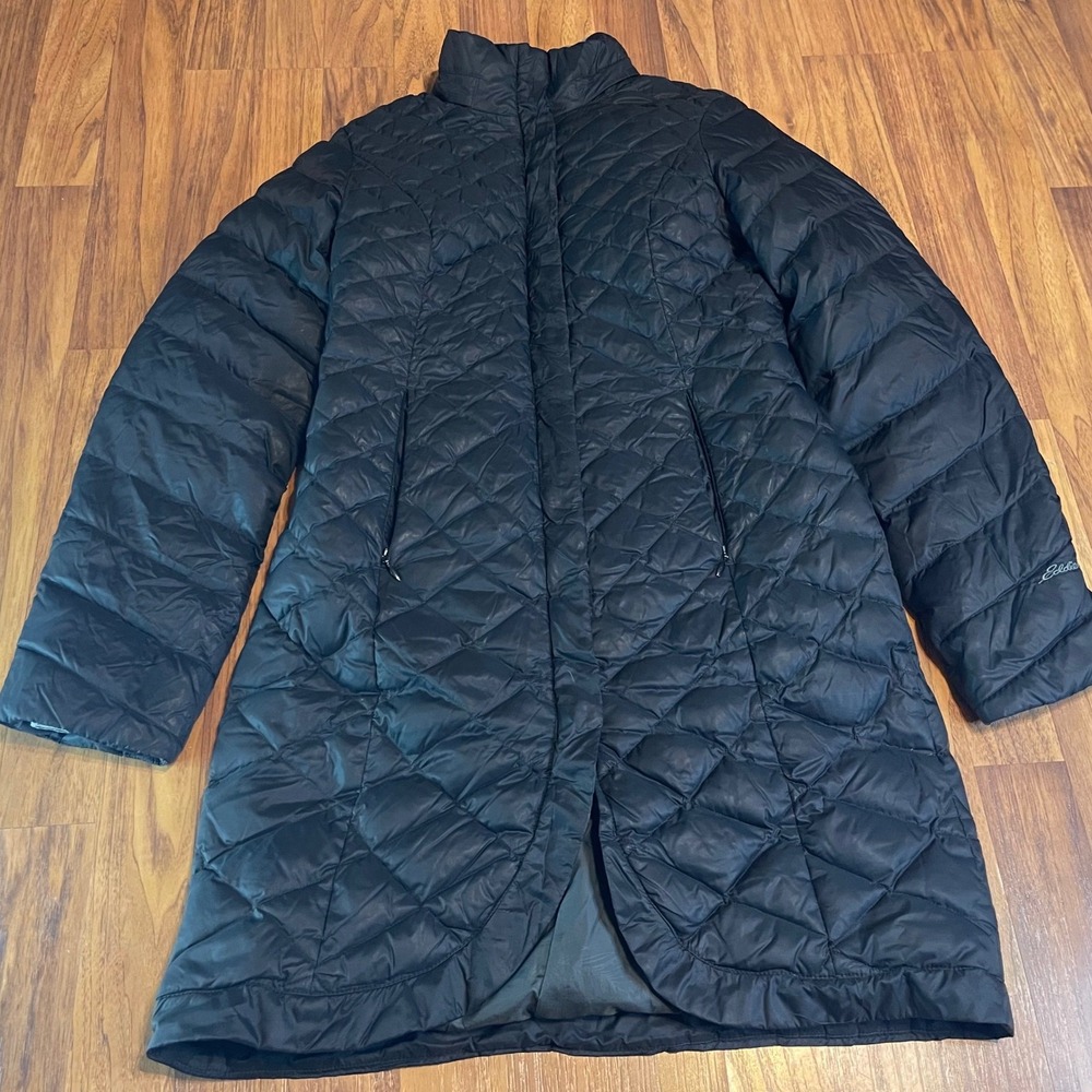 Eddie Bauer Down Parka Womens XS Black Quilted Puffer Jacket Nylon Long Coat